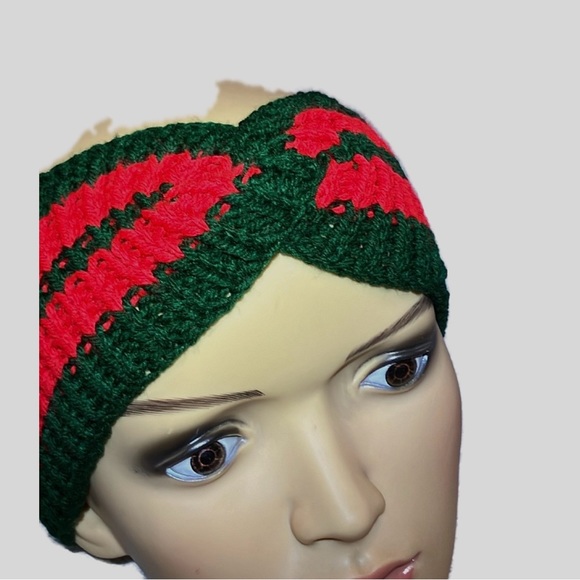 HandKnit Winter twisted Headband Red and Green Striped Size S warm ears - Picture 4 of 6